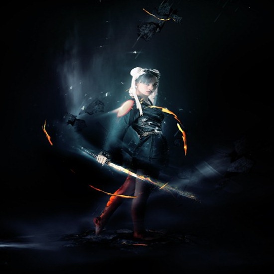 Design an Abstract Style Sword Warrior with Fiery Effect in Photoshop